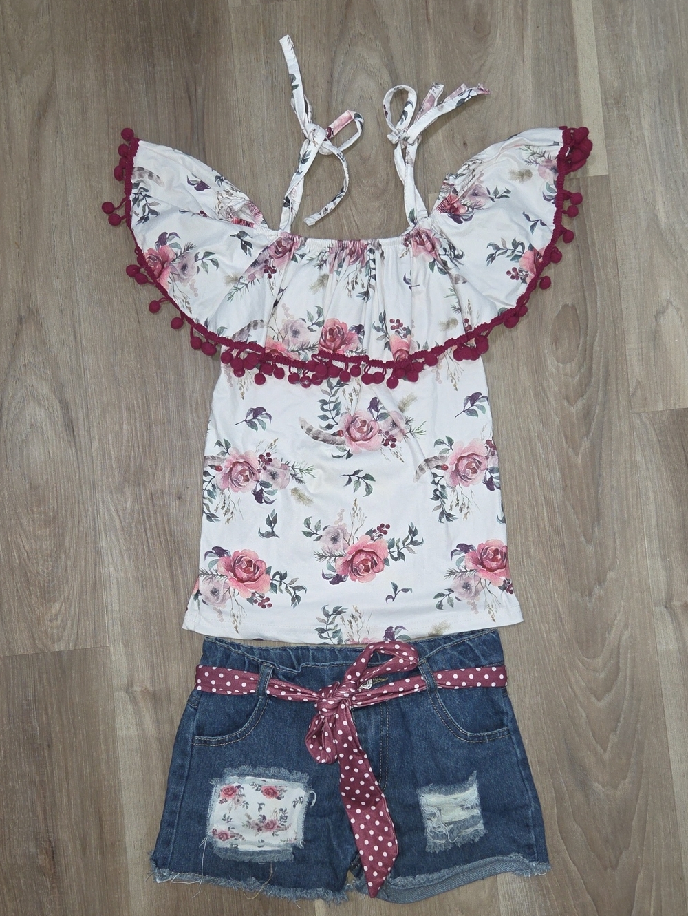 Little Girls Boutique Floral Pom Pom Blouse Matching Set